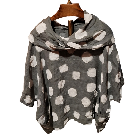Bella Amore Cowl Neck Lagenlook Linen Oversized Gray Polka Dot Top Size L/XL - Picture 1 of 5